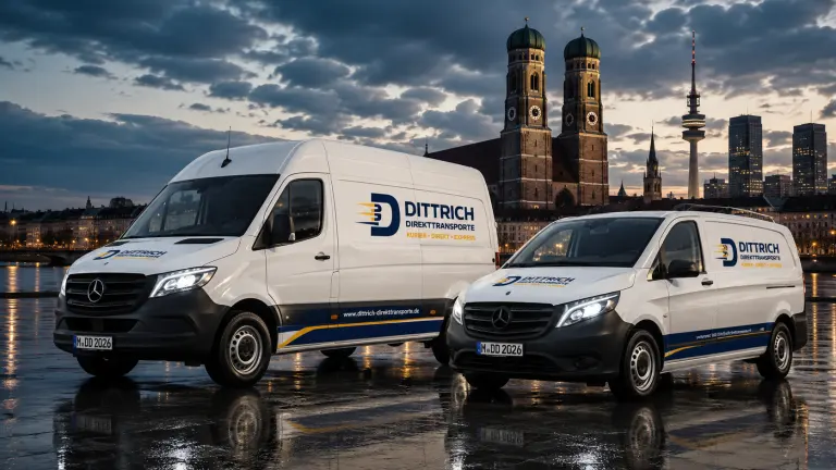 Dittrich Direkttransporte Fahrzeuge vor der Münchner Skyline